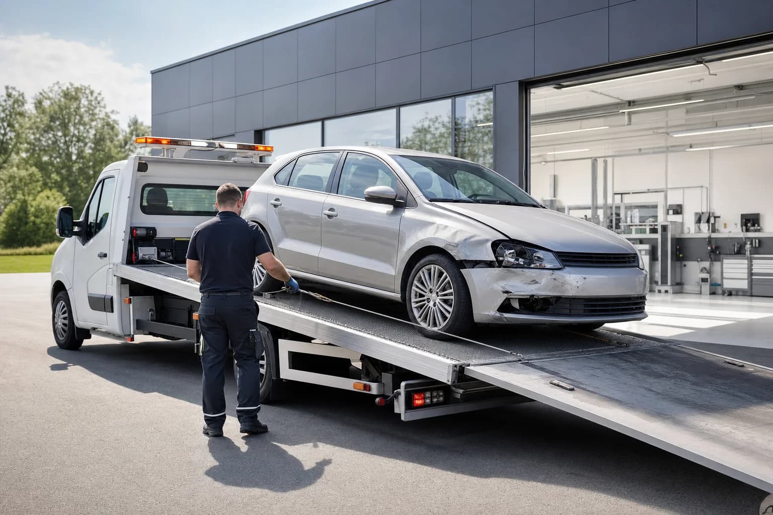 Abschleppwagen lädt ein Unfallauto mit beschädigter Front vor der Werkstatt ab