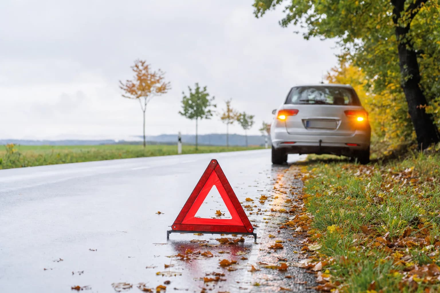 Warndreieck auf nasser Landstraße im Herbst hinter einem Auto mit Warnblinker