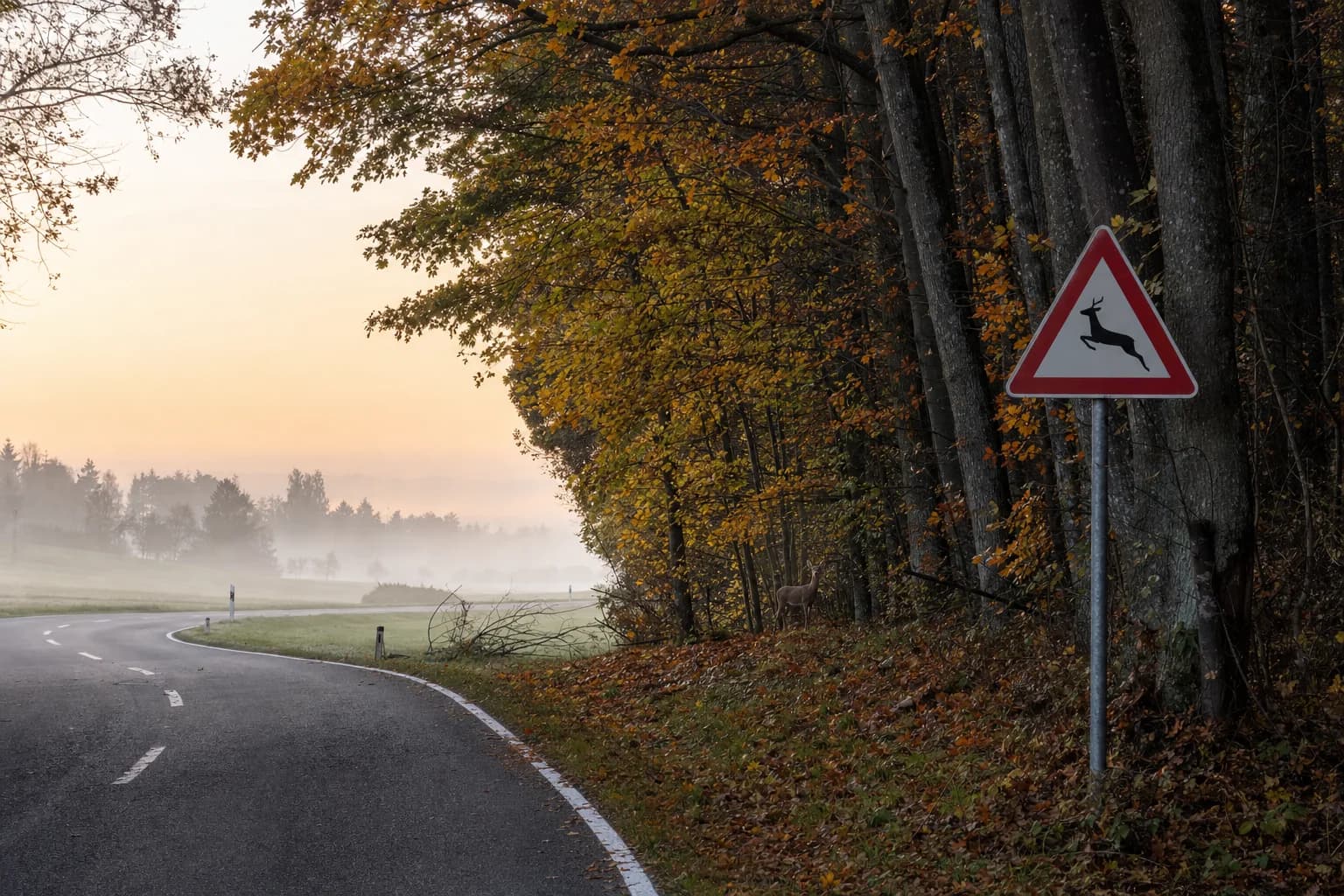 Landstraße am Waldrand in der Dämmerung im Herbst mit Wildwechsel-Warnschild